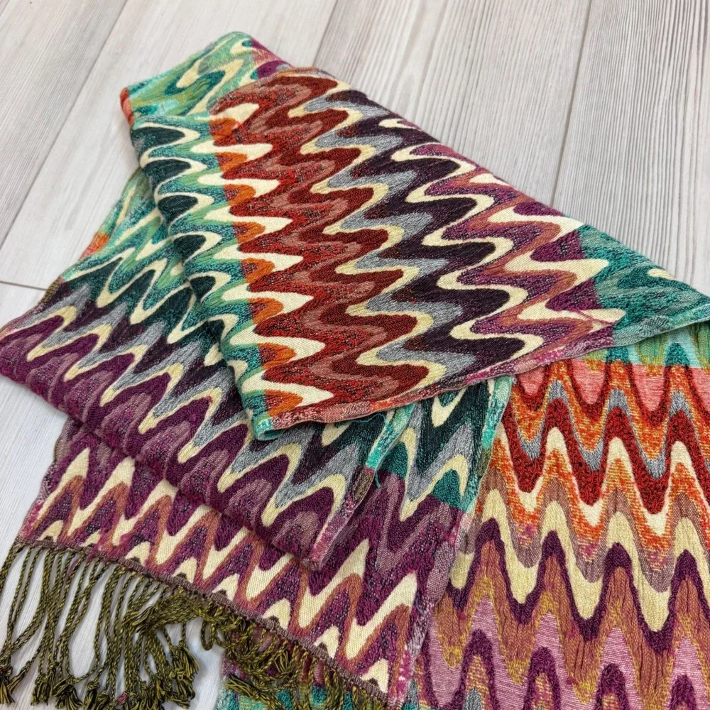 Tolani Multi Color Zigzag Chevron Viscose Scarf with Fringe Bohemian Wrap